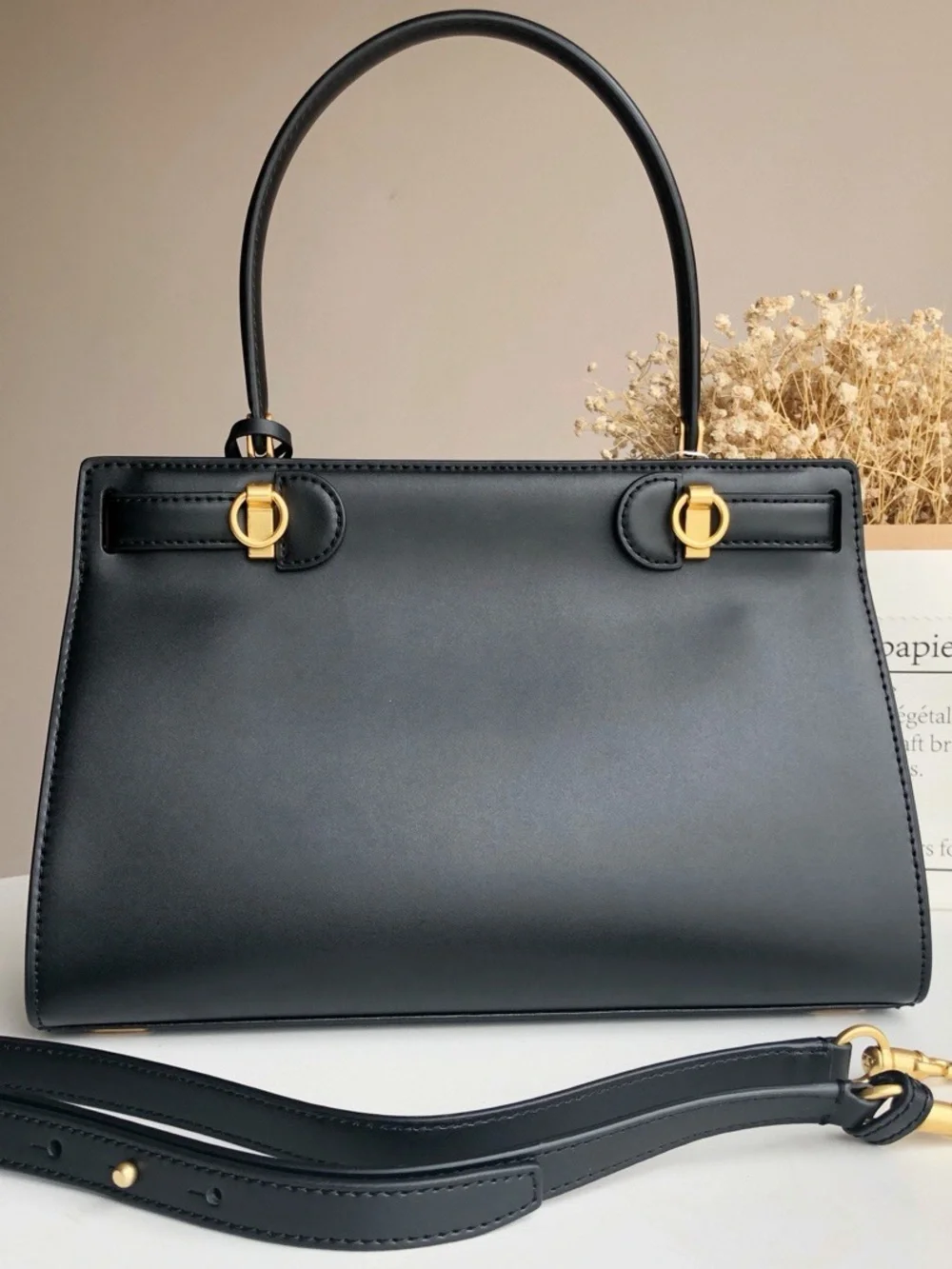 Tory Burch Black Leather Top-Handle Satchel with Gold Hardware